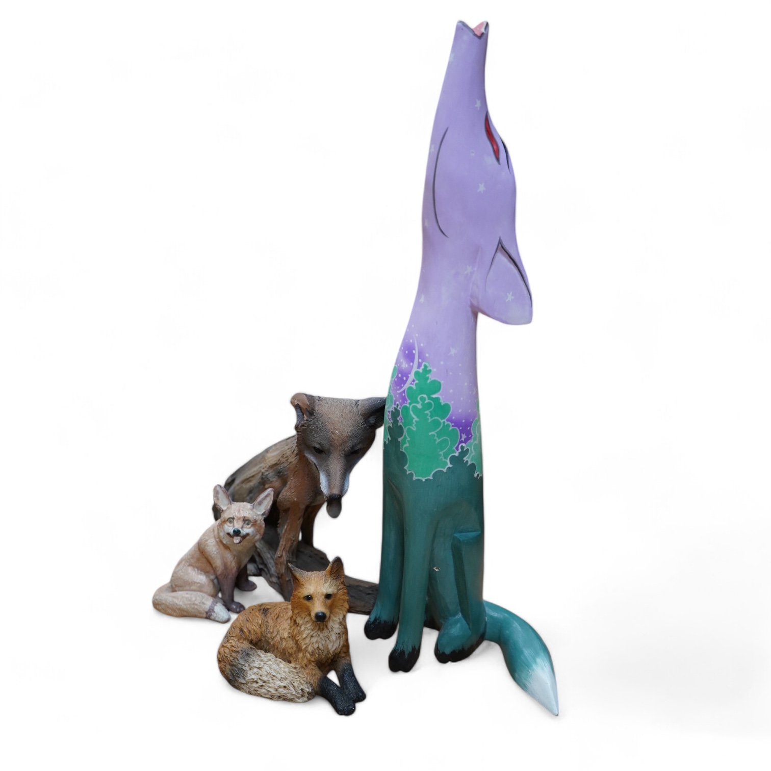 A quantity of ceramic, glass, resin and treen models of foxes, including a Rye pottery example, largest 45cm high. Condition - varies, mostly fair to good